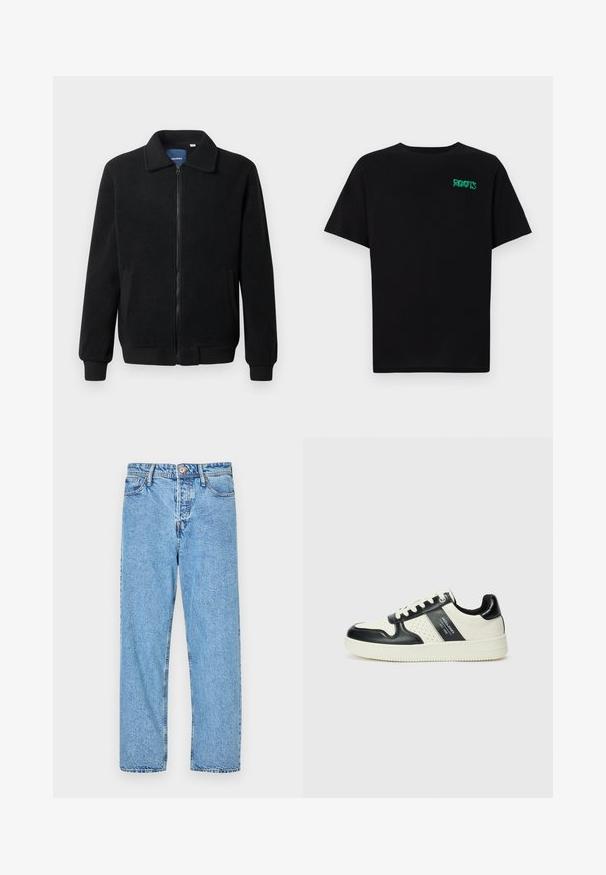 Veste en polaire noire avec fermeture éclair, col montant, poignets côtelés et poches latérales avec une surface texturée.; T-shirt noir en coton à manches courtes. Présente un logo "ROOTS" vert sur le devant, un col rond et une coupe standard.; Jean en denim bleu clair avec une coupe droite, style cinq poches, couture visible et fermeture à bouton et zip.; Baskets en cuir avec un schéma de couleurs noir et crème, dotées d'accents perforés, d'un col rembourré et d'une semelle texturée.