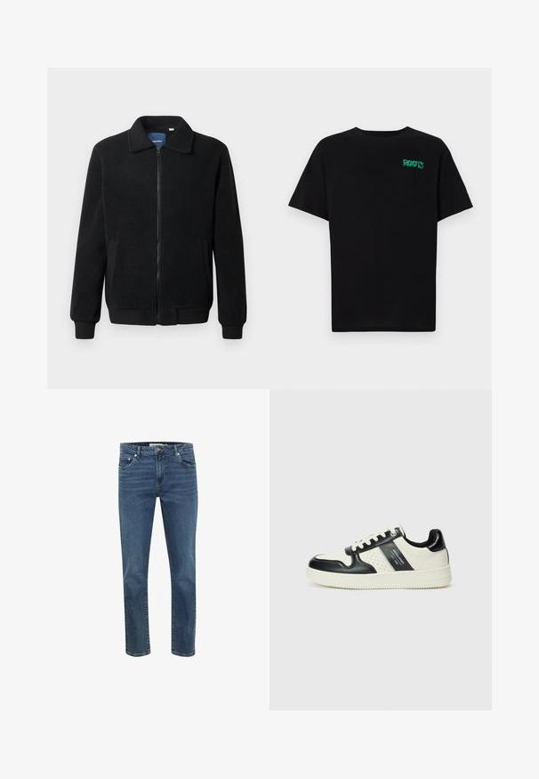 Svart fleece jakke med glidelås, høy krage, ribbestrikkede mansjetter og sidelommer med strukturert overflate.; svart t-skjorte laget av bomull med korte ermer. Har et grønt "ROOTS"-logo på forsiden, rund halsutringning og standard passform.; Mørkeblå denimjeans med rett snitt, fem lommer og kontrastsøm. Har glidelås og en metallknapp i midjen.; Lædersneakers med sort og creme farveskema, der har perforerede detaljer, en polstret krave og en struktureret ydersål.