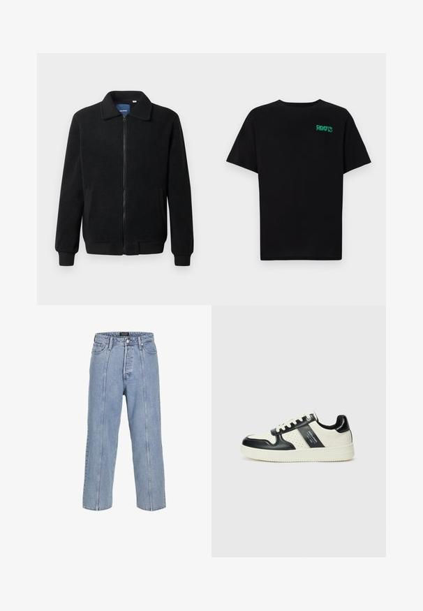 Černá fleecová bunda s zipovým uzávěrem, stojáčkem, vroubkovanými manžetami a bočními kapsami s texturovaným povrchem.; Černé tričko vyrobené z bavlny s krátkým rukávem. Na přední straně se nachází zelené logo "ROOTS", kulatý výstřih a standardní střih.; Světle modré džíny z denimu s volným střihem, širokými nohavicemi a viditelnými švy. Obsahují zapínání na knoflík a zip, pět kapes.; Kožené tenisky s černobílou barevnou kombinací, které mají perforované detaily, polstrovaný límec a texturovanou podrážku.