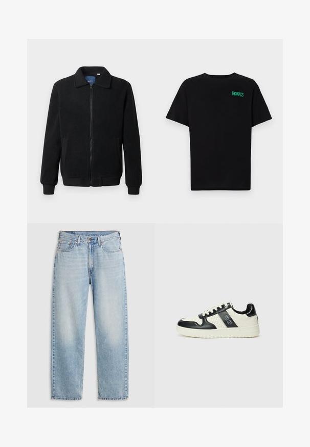 Musternahk fleece-jakk musternahaga, tõmblukk, seisev kaelus, soonikkoes varrukad ja küljetaskud tekstuurse pinnaga.; Must t-särk, mis on valmistatud puuvillast, lühikeste varrukatega. Esipaneelil on roheline "ROOTS" logo, ümmargune kaelus ja tavapärane lõige.; Heledsinised sirged teksad viie taskuga, metallist nööbiga kinni kiirretoodud ning kulunud detailidega reites ja põlvedes, laotud lamele valgele taustale.; Nahatud nahkkingad musta ja kreemi värviskeemiga, millel on perforeeritud aktsendid, pehme krae ja tekstureeritud tallad.