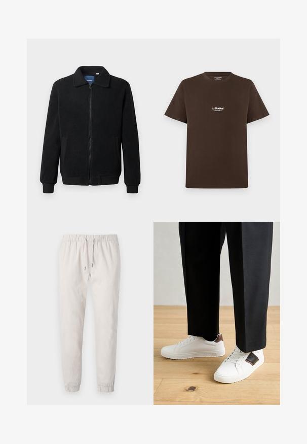 Čierna flísová bunda s uzáverom na zips, stojatým golierom, rebrovanými manžetami a bočnými vreckami s textúrovaným povrchom.; Hnedé bavlnené tričko s krátkym rukávom, okrúhlym výstrihom a malým bielym logom na hrudi. Hladká textúra a bežný strih.; Svetlo béžové jogger nohavice vyrobené z jemného materiálu, s elastickým pásom a sťahovaním, so zúženými členkami a bočnými vreckami.; Biele tenisky s hladkým povrchom, s hnedými koženými akcentmi a čiernymi detailmi, spárované s čiernymi elegantnými nohavicami. Pozadím je drevená podlaha.
