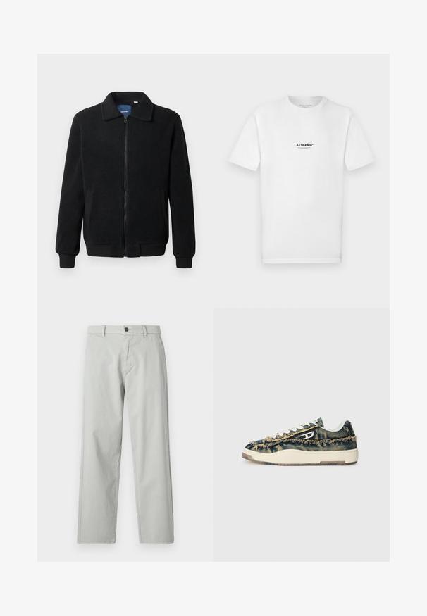 Musternahk fleece-jakk musternahaga, tõmblukk, seisev kaelus, soonikkoes varrukad ja küljetaskud tekstuurse pinnaga.; Valge puuvillane T-särk lühikeste varrukate ja ümara kaelusega. Rinnal on väike must "JJ Studios" logo.; Heledad hallhalli sirged püksid, mis on valmistatud siledast kudumisest. Omab esist nupulahtust ja küljetaskuid. Minimalistlik stiil.; Denimist valmistatud spordijalatsid katkeva tekstuuriga, beežide aktsentidega, valgete paeltega ja madala profiiliga disainiga. Omab kummist tallat ja silmapaistvat logosid.