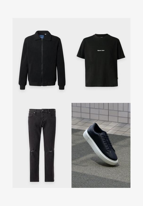 Melnā vilnas jaka ar rāvējslēdzēju, stāvošu apkakli, ribotām piedurknēm un sānu kabatām ar teksturētu virsmu.; Melnas kokvilnas T-krekls ar īsām piedurknēm, ar baltu izšūtu tekstu "Original Studio" krūšu daļā un apaļu kakla izgriezumu.; Melnas džinsu bikses ar šauru piegriezumu, ar diviem izsistiem ceļa caurumiem un standarta piecu kabatu dizainu. Mīksta tekstūra, minimāla aparatūra.; Melnas ādas kedas ar noapaļotu pirkstu un baltu gumijas zoli. Iespējas - plakanas šņorītes un minimāla apdare augšdaļā. Struktūrēta zole, lai nodrošinātu saķeri.