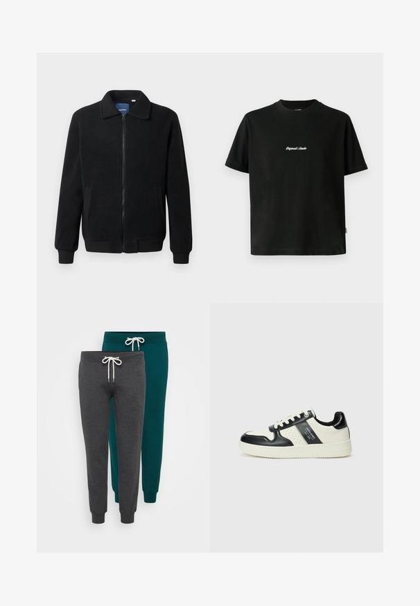 Svart fleece jakke med glidelås, høy krage, ribbestrikkede mansjetter og sidelommer med strukturert overflate.; Svart bomull T-skjorte med korte ermer, med hvit brodert "Original Studio" tekst over brystet og rund halsåpning.; To par joggebukser i antrasitt og teal, laget av mykt stoff, med elastiske mansjetter og snor i livet med hvite kord.; Lædersneakers med sort og creme farveskema, der har perforerede detaljer, en polstret krave og en struktureret ydersål.