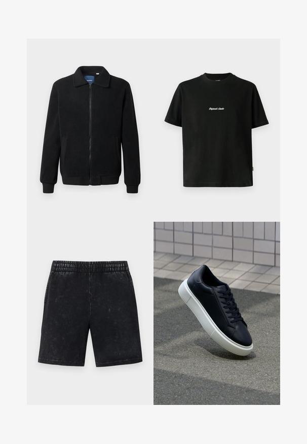 Musta fleece-takki, jossa on vetoketjulla suljettavat, pystykaulus, ribbireunat ja sivutaskut, joissa on teksturoitu pinta.; Musta puuvillainen t-paita lyhyillä hihoilla, jossa on valkoinen brodeerattu "Original Studio" -teksti rinnan kohdalla ja pyöreä pääntie.; Mustat shortsit, joissa on haalistunut pinta, joustava vyötärö ja suora leikkaus. Taskuja tai koristeita ei ole näkyvissä.; Mustat nahkakengät, joissa on pyöristetty kärki ja valkoinen kumipohja. Varusteena litteät nauhat ja minimaalinen ommel ylhäällä. Teksturoitu pohja pitävyyden lisäämiseksi.