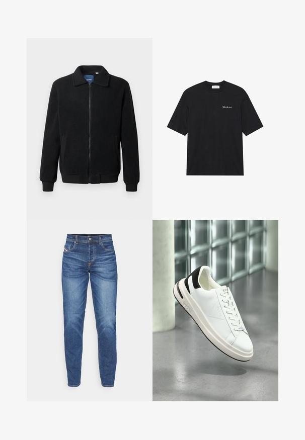 Crni flis jakna s zatvaranjem na zip, stojećim ovratnikom, rebrastim manžetama i bočnim džepovima s teksturiranom površinom.; Crna pamučna majica s kratkim rukavima, s bijelim ispisom "Preuzmi vodstvo" na lijevoj strani prsnog područja. Jednostavan dizajn s okruglim izrezom.; Svijetlo plave traperice slim fit kroja, s pet džepova, suptilnim izlizanim dijelovima na bedrima i kontrastnim narančastim šavovima.; Bijele kožne tenisice s crnim akcentima, ravnim vezicama i teksturiranim potplatom. Imaju "GUESS" logo sa strane i na jeziku.