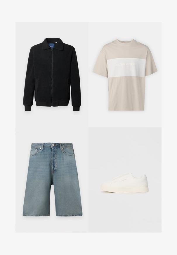 Zwarte fleece jas met een ritssluiting, staande kraag, ribgebreide manchetten en zijzakken met een textuur.; Beige katoenen T-shirt met een witte horizontale strook waarop in reliëflettertype de tekst "JACK & JONES ESSENTIALS WORLDWIDE" staat. Korte mouwen.; Lichtblauwe denim shorts met een losse pasvorm, vijf zakken en een traditionele knoopsluiting, met vervaagde vlekken voor een versleten uitstraling.; Witte instap sneakers met een gestructureerd oppervlak, een dikke zool en een minimalistisch ontwerp. Bevat het merklogo aan de zijkant.