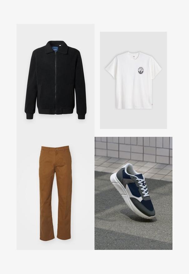 Černá fleecová bunda s zipovým uzávěrem, stojáčkem, vroubkovanými manžetami a bočními kapsami s texturovaným povrchem.; Bílý bavlněný tričko s krátkým rukávem, kulatým výstřihem a černým kruhovým logem na levé části hrudi s stylizovaným designem.; Hnědé bavlněné chinos kalhoty se střihem rovného řezu. Obsahují zapínání na knoflík a zip, poutka na opasek a dvě boční kapsy. Hladká textura a minimální zdobení.; Tenisky s horní částí z námornicky modré síťoviny, šedými semišovými akcenty, bílou gumovou podrážkou a plochými bílými tkaničkami, navržené pro pohodlí a prodyšnost.