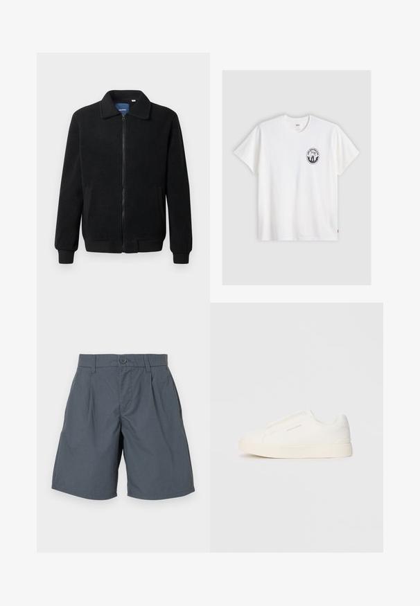 Black fleece jacket featuring a zip closure, stand collar, ribbed cuffs, and side pockets with a textured surface.; White cotton t-shirt with short sleeves, round neck, and a black circular logo on the left chest featuring a stylized design.; Gray shorts made from lightweight fabric, featuring a front button closure, two side pockets, and a straight-cut design.; White slip-on sneakers with a textured surface, a thick sole, and minimalistic design. Features brand logo on the side.