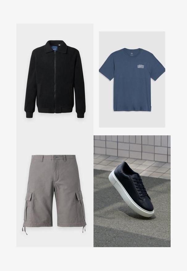 Melnā vilnas jaka ar rāvējslēdzēju, stāvošu apkakli, ribotām piedurknēm un sānu kabatām ar teksturētu virsmu.; Zila kokvilnas T-kreklu ar apaļu kaklu un īsām piedurknēm. Baltā "Levi's" logo ir izdrukāts kreisajā krūšu daļā. Vienkāršs dizains.; Pelēki kravu šorti, kas izgatavoti no kokvilnas maisījuma auduma. Īpašības: sānu kabatas, regulējami izvads mezgli apakšā un pogu aizdare.; Melnas ādas kedas ar noapaļotu pirkstu un baltu gumijas zoli. Iespējas - plakanas šņorītes un minimāla apdare augšdaļā. Struktūrēta zole, lai nodrošinātu saķeri.