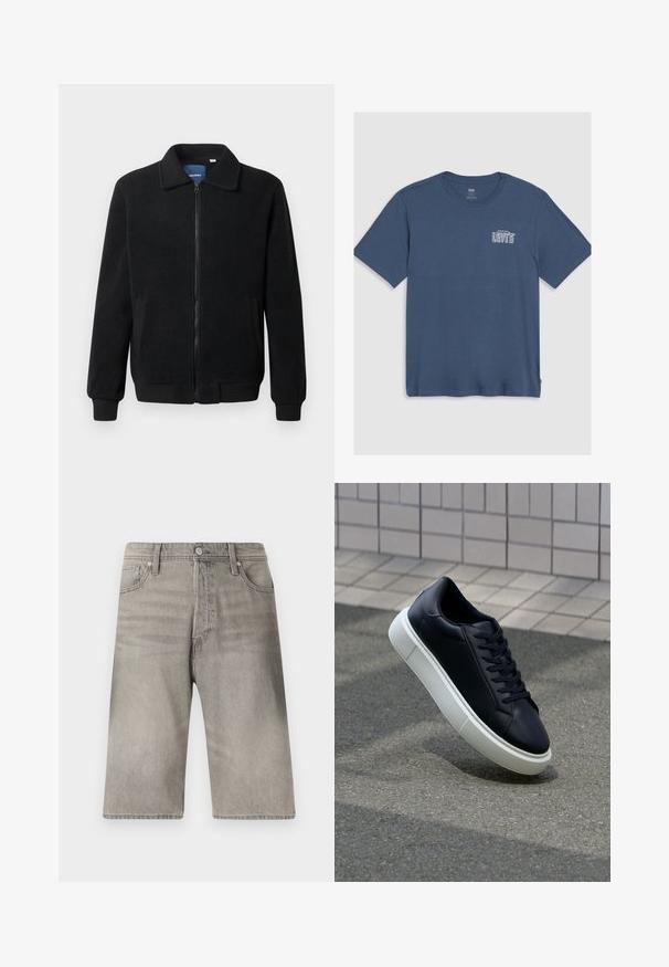 Juodas fliso džemperis su užtrauktuku, stovinčia apykakle, gumuotais rankogaliais ir šoninėmis kišenėmis, turinčiomis tekstūruotą paviršių.; Mėlyna medvilninė marškinėliai su apvalia iškirpte ir trumpomis rankovėmis. Kairėje krūtinės pusėje yra baltas "Levi's" logotipas. Paprastas dizainas.; Pilkas džinsinis šortai su tiesia kojų linija, turintys mygtukų užsegimą, penkis kišenes ir subtilų išblukimą audinio paviršiuje.; Juodas odinis sportbačius su apvaliu pirštu ir baltu gumuotu padu. Turi plokščias raišteles ir minimalų siuvimą viršuje. Padangos tekstūra užtikrina sukibimą.