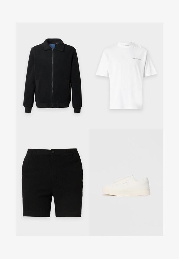 Černá fleecová bunda s zipovým uzávěrem, stojáčkem, vroubkovanými manžetami a bočními kapsami s texturovaným povrchem.; Bílý bavlněný tričko s krátkým rukávem a kulatým výstřihem, s malým tištěným textem na levé straně.; Černé šortky z texturované látky, s elastickým pasem a jediným knoflíkem. Navrženy pro volnočasové nošení se rovný střih.; Bílé slip-on tenisky s texturovaným povrchem, silnou podešví a minimalistickým designem. Na boku je umístěno logo značky.