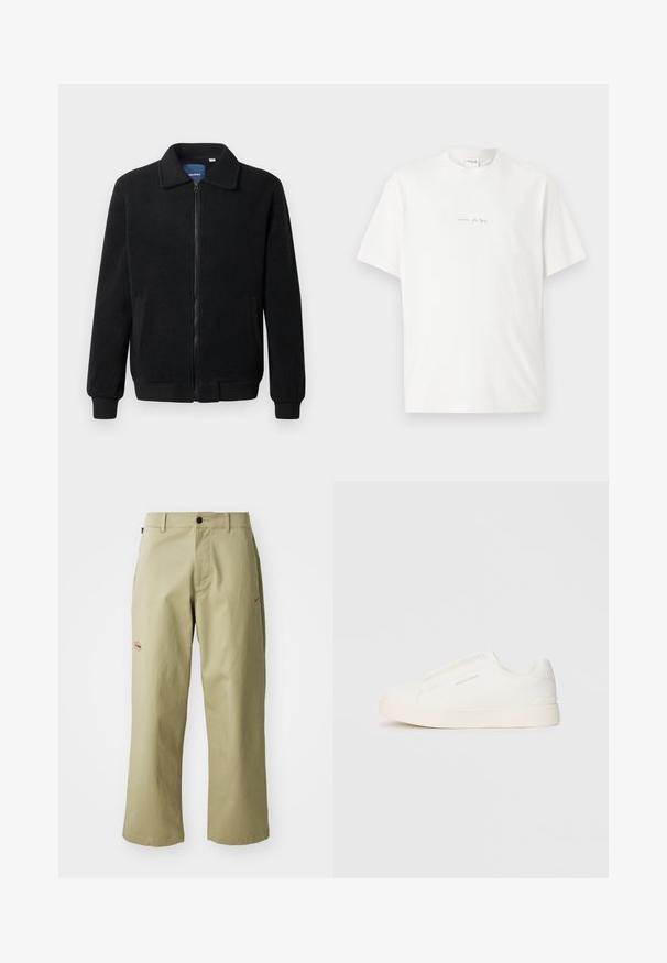 Chaqueta de forro polar negra con cierre de cremallera, cuello alzado, puños acanalados y bolsillos laterales con una superficie texturizada.; Camisa de algodón blanca con cuello redondo, mangas cortas y un pequeño logo impreso en la parte delantera. Textura suave y corte relajado.; Pantalones de pierna ancha color caqui, hechos de algodón, con cierre de botón, bolsillos laterales y logotipo de Nike bordado en rojo en el lateral.; Zapatillas blancas tipo slip-on con una superficie texturizada, suela gruesa y diseño minimalista. Presenta el logo de la marca en un lado.