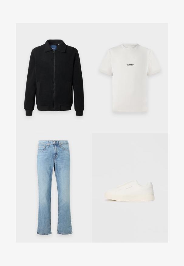 Μαύρο φλις μπουφάν με κλείσιμο με φερμουάρ, όρθιο γιακά, λαστιχένια μανίκια και πλάγιες τσέπες με υφή.; Λευκό βαμβακερό μπλουζάκι με κοντά μανίκια, με μαύρο λογότυπο "JJ Studios" στο στήθος. Στρογγυλή λαιμόκοψη και κανονική εφαρμογή.; Αναλαφρα γαλάζια ξεφτισμένα τζιν κατασκευασμένα από ντενίμ. Διαθέτουν κλείσιμο με κουμπί και φερμουάρ, πέντε τσέπες και πορτοκαλί ραφές κατά μήκος των ραφών.; Λευκά slip-on παπούτσια με υφή, παχύ πάτο και μινιμαλιστικό σχέδιο. Φέρει το λογότυπο της μάρκας στο πλάι.