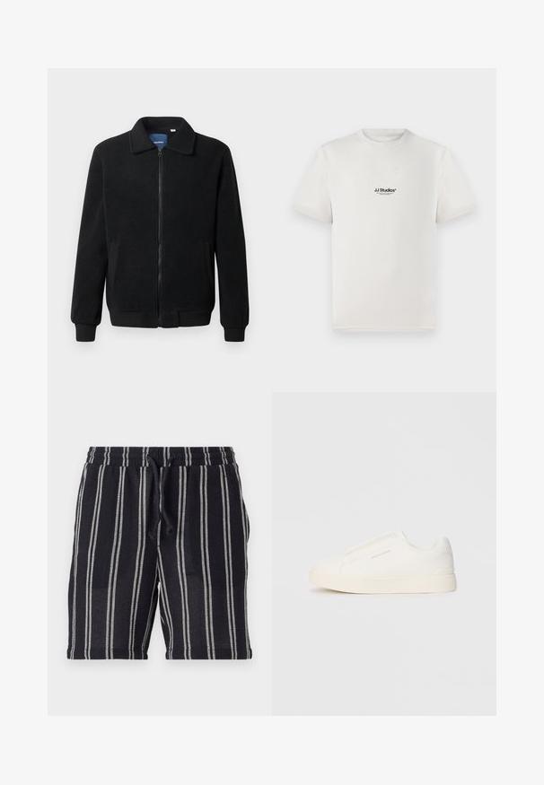 Casaco de polar preto com fecho de correr, gola alta, punhos canelados e bolsos laterais com uma superfície texturizada.; T-shirt de algodão branca com mangas curtas, apresentando um logótipo preto "JJ Studios" no peito. Design de gola redonda e ajuste padrão.; Calções às riscas preto e branco com cintura elástica, fecho por cordão e um tecido texturizado. Terminam na altura média da coxa.; Sapatilhas brancas de atacar com uma superfície texturizada, sola grossa e design minimalista. Possui o logo da marca na lateral.
