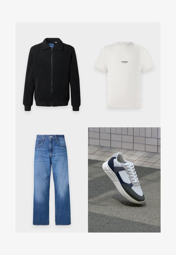 Fekete bolyhos dzseki cipzárral, állógallérral, bordázott mandzsettákkal és oldalzsebekkel, textúrált felülettel.; Fehér pamut póló rövid ujjakkal, a mellkasán fekete "JJ Studios" logóval. Kerek nyakú és standard fit kialakítás.; Világoskék farmernadrág széles szárú kialakítással, öt zsebbel, elöl gombos zárással és finom kopással az elején.; Fehér, tengerészkék és szürke sneaker vegyes anyagokból készült dizájnnal, amely textúrázott felsőrésszel, lapos fűzőkkel és párnázott talppal rendelkezik.