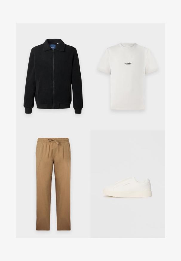 Črna flis jakna z zadrgo, stoječim ovratnikom, rebrastimi zapestji in stranskimi žepi s teksturirano površino.; Bela bombažna majica s kratkimi rokavi, ki na prsih nosi črni logotip "JJ Studios". Ima krožni ovratnik in standardno prileganje.; Svijetlosmeđi, široki hlače izrađene od glatkog materijala. Imaju elastičnu traku u struku s vezicom i ravne nogavice.; Bele zapete brez vezalk z teksturirano površino, debelim podplatom in minimalističnim dizajnom. Na strani se nahaja logotip blagovne znamke.