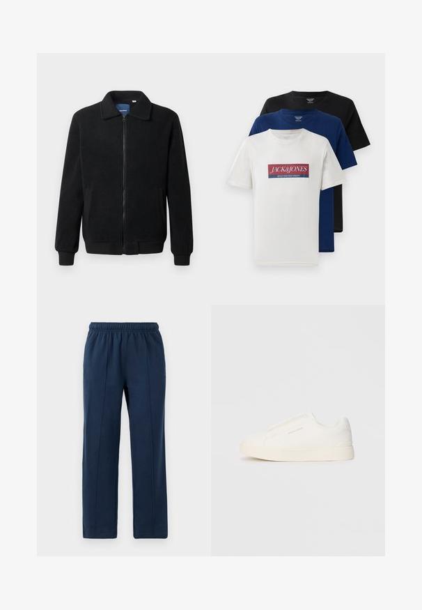 Schwarze Fleecejacke mit Reißverschluss, Stehkragen, gerippten Bündchen und seitlichen Taschen mit strukturiertem Oberflächenmaterial.; Drei übereinander gestapelte kurzärmelige Rundhals-T-Shirts in Weiß mit rotem und blauem Logo, Marineblau und Schwarz, auf weißem Hintergrund präsentiert.; Marineblaue Hosen mit elastischem Bund und entspannter Passform. Mit vertikalen Nähdetails und weichem Baumwollstoff.; Weiße Slip-On-Sneaker mit einer strukturierten Oberfläche, dicker Sohle und minimalistischem Design. Mit Logo der Marke an der Seite.