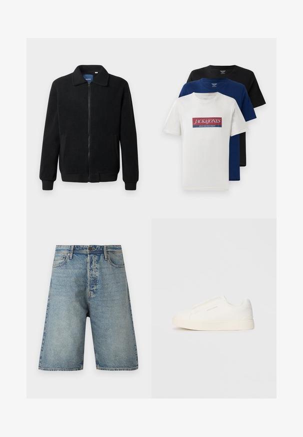 Casaco de polar preto com fecho de correr, gola alta, punhos canelados e bolsos laterais com uma superfície texturizada.; Três t-shirts de gola redonda, de manga curta, empilhadas: uma branca com logotipo vermelho e azul, uma azul-marinho e uma preta, exibidas em fundo branco.; Shorts de denim com um tom azul claro, design de cinco bolsos e corte reto. Tecido durável com costuras visíveis e fecho de botão.; Sapatilhas brancas de atacar com uma superfície texturizada, sola grossa e design minimalista. Possui o logo da marca na lateral.