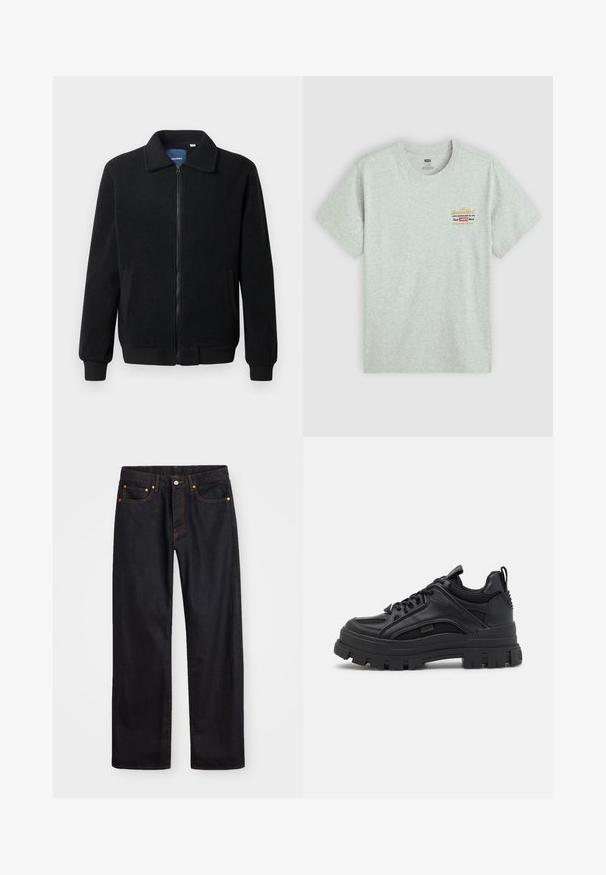 Černá fleecová bunda s zipovým uzávěrem, stojáčkem, vroubkovanými manžetami a bočními kapsami s texturovaným povrchem.; Šedé bavlněné tričko s krátkými rukávy a kulatým výstřihem, na levé horní straně s multicolor potiskem loga značky. Hladká textura.; Pánské černé džíny rovného střihu s pěti kapsami a oranžovým prošíváním, s knoflíkem a zipem na předním pásku.; Černé robustní tenisky s kombinací koženého a síťovaného materiálu, silnou podrážkou, šněrováním a zadním poutkem.