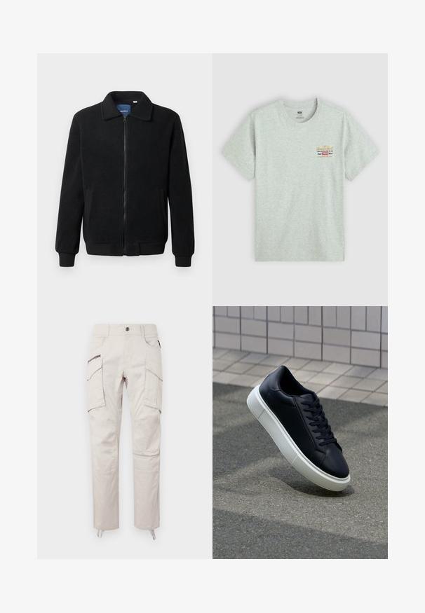 Musternahk fleece-jakk musternahaga, tõmblukk, seisev kaelus, soonikkoes varrukad ja küljetaskud tekstuurse pinnaga.; Hallhalli puuvillane t-särk lühikeste varrukatega, ümar kaelus, millel on mitmevärviline kaubamärgi logo trükk vasakul ülal. Sile tekstuur.; Kerge beežid cargo püksid, mis on valmistatud puuvillast, sisaldavad mitmeid taskuid, parandatud küljetasku ja sirgete jalgade disaini, reguleeritavad allääred.; Mustast nahast tennisetoss, millel on ümar nina ja valge kummist tall. Omab siredaid paelu ja minimaalset õmblemist ülemises osas. Tekstuuriga tald, mis tagab haakuvuse.