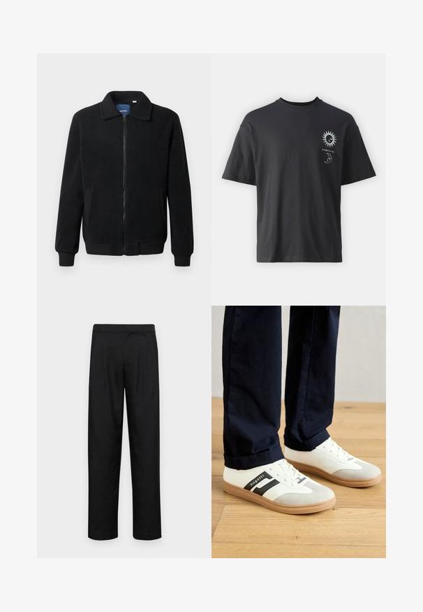 Giacca in pile nera con chiusura zip, colletto alto, polsini a coste e tasche laterali con superficie strutturata.; T-shirt in cotone nero con maniche corte, collo rotondo e grafica frontale di un sole e una luna, accompagnata dal testo "Le Soleil et La Lune."; Pantaloni neri realizzati in tessuto liscio, caratterizzati da un taglio dritto, due pieghe frontali e una vita standard con passanti per la cintura.; Sneakers bianchi e grigi con strisce nere, realizzati in pelle, dotati di suola in gomma e lacci piatti. Indossati con pantaloni blu navy su un pavimento in legno.