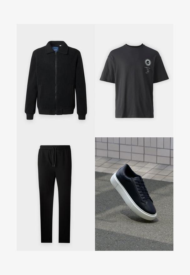 Black fleece jacket featuring a zip closure, stand collar, ribbed cuffs, and side pockets with a textured surface.; Black cotton t-shirt with short sleeves, round neck, and front graphics of a sun and moon, accompanied by text "Le Soleil et La Lune."; Black jogger pants with a tailored fit, elastic waistband, and drawstring. Made from soft fabric with a smooth texture and no visible patterns.; Black leather sneaker with rounded toe and white rubber sole. Features flat laces and minimal stitching on the upper. Textured sole for grip.