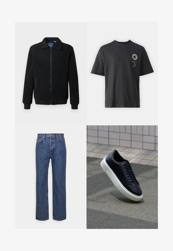 Musternahk fleece-jakk musternahaga, tõmblukk, seisev kaelus, soonikkoes varrukad ja küljetaskud tekstuurse pinnaga.; Must musta T-särk lühikeste varrukatega, ümar kaelus ning esiküljel päikese ja kuu graafika, millele on lisatud tekst "Le Soleil et La Lune."; Sinine denimi teksad sirge sääre kujundusega, metallist nööbiga kinnitamine, viie taskuga ja kontrastset õmblust.; Mustast nahast tennisetoss, millel on ümar nina ja valge kummist tall. Omab siredaid paelu ja minimaalset õmblemist ülemises osas. Tekstuuriga tald, mis tagab haakuvuse.