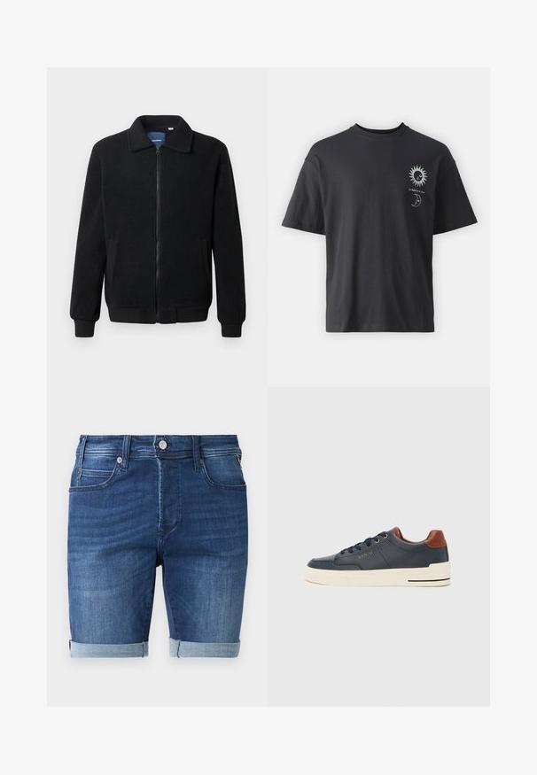 Black fleece jacket featuring a zip closure, stand collar, ribbed cuffs, and side pockets with a textured surface.; Black cotton t-shirt with short sleeves, round neck, and front graphics of a sun and moon, accompanied by text "Le Soleil et La Lune."; Denim shorts in dark blue with a smooth texture, featuring a rolled hem, five-pocket design, and a metal button closure at the waist.; Replay EVAN SPORT - Trainers - navy