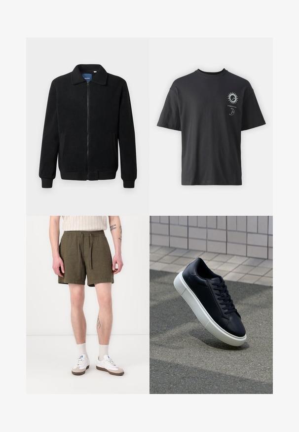 Veste en polaire noire avec fermeture éclair, col montant, poignets côtelés et poches latérales avec une surface texturée.; T-shirt noir en coton avec des manches courtes, col rond et graphiques sur le devant d'un soleil et d'une lune, accompagné du texte "Le Soleil et La Lune."; Shorts vert olive avec une taille élastique et un cordon de serrage, dotés de poches latérales et d'une coupe droite, fabriqués à partir d'un tissu léger.; Baskets noires en cuir avec bout arrondi et semelle en caoutchouc blanc. Elles présentent des lacets plats et une couture minimale sur la tige. Semelle texturée pour une bonne adhérence.