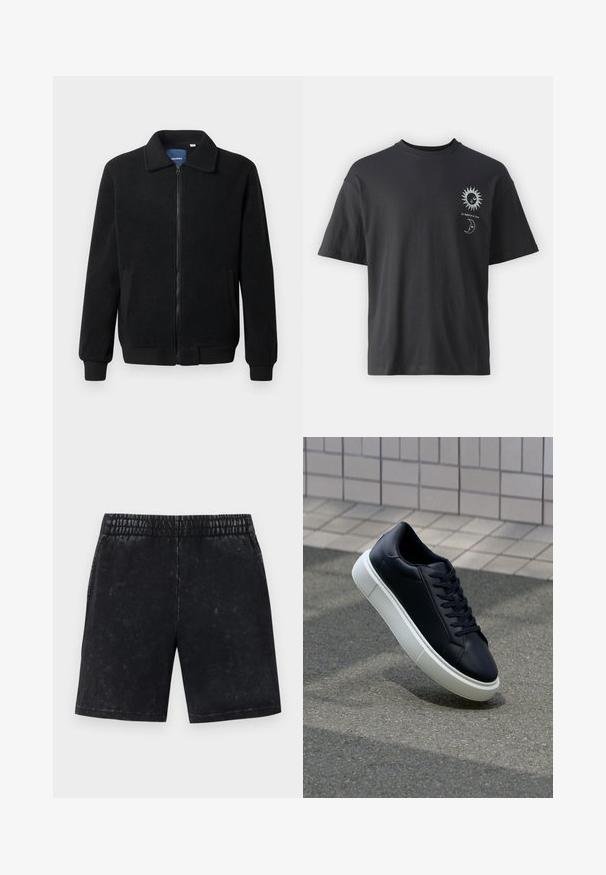 Melnā vilnas jaka ar rāvējslēdzēju, stāvošu apkakli, ribotām piedurknēm un sānu kabatām ar teksturētu virsmu.; Melna kokvilnas t-krekls ar īsām piedurknēm, apaļu apkakli un priekšpusē attēlotiem saules un mēness grafikas, kopā ar tekstu "Le Soleil et La Lune."; Melnas šortus ar noberztu tekstūru, elastīgu jostasvietu un taisnu griezumu. Redzamas nav kabatas vai apdare.; Melnas ādas kedas ar noapaļotu pirkstu un baltu gumijas zoli. Iespējas - plakanas šņorītes un minimāla apdare augšdaļā. Struktūrēta zole, lai nodrošinātu saķeri.