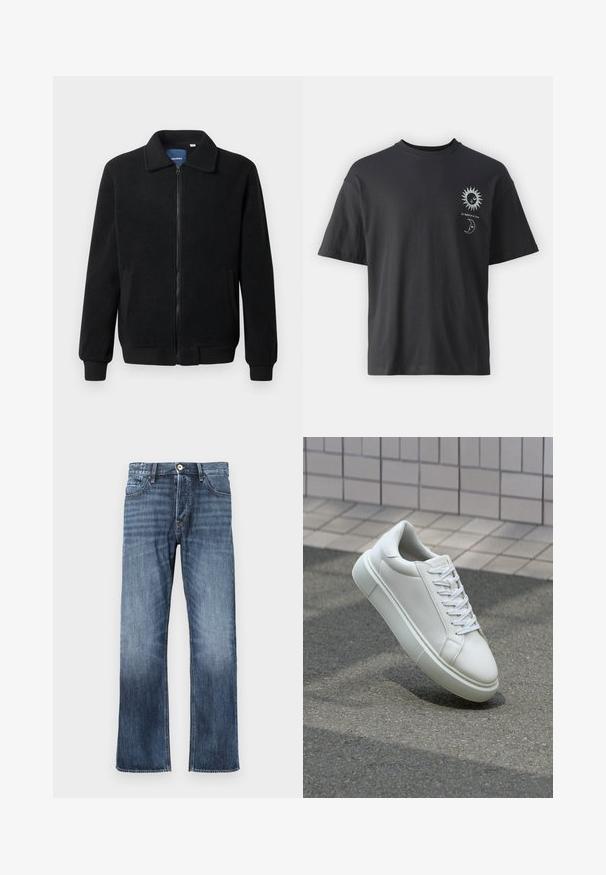 Juodas fliso džemperis su užtrauktuku, stovinčia apykakle, gumuotais rankogaliais ir šoninėmis kišenėmis, turinčiomis tekstūruotą paviršių.; Juodas medvilninis marškinėliai su trumpomis rankovėmis, apvalia iškirpte ir priekiniais atvaizdais saulės ir mėnulio su tekstu "Le Soleil et La Lune."; Tamsiai mėlyni džinsai su tiesiu kojų kirpimu, priekinėmis kišenėmis, mygtuku užsegimu ir šviesiu blukimu apatine dalimi. Be papuošimų.; Balti odiniai sportbačiai su lygiu paviršiumi, apvalia nosimi ir plokščiomis baltomis raištelėmis. Yra tekstūruotas gumos padas ir minimalizmas dizaino elementuose.