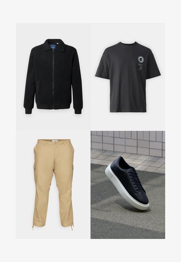 Svart fleece jakke med glidelås, høy krage, ribbestrikkede mansjetter og sidelommer med strukturert overflate.; Svart bomullst-skjorte med korte ermer, rund hals og frontgrafikk av en sol og måne, ledsaget av teksten "Le Soleil et La Lune."; Beige cargo bukser med afslappet pasform, der har sidelommer, justerbare manchetter og et glat bomuldsblandingsstof.; Sorte skinnsneakers med rund tå og hvit gummisåle. Har flate lisser og minimal søm på overdelen. Strukturert såle for grep.
