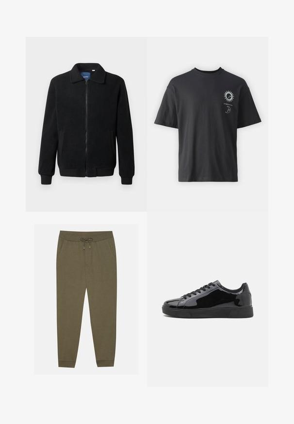 Musta fleece-takki, jossa on vetoketjulla suljettavat, pystykaulus, ribbireunat ja sivutaskut, joissa on teksturoitu pinta.; Musta puuvillapaita lyhyillä hihoilla, pyöreällä kaula-aukolla ja etupuolella graafiset kuvat auringosta ja kuusta, tekstinä "Le Soleil et La Lune."; Oliivinvihreät jumppahousut, joissa on joustava vyötärö, nyörikiinnitys, sivutaskut ja kapenevat lahkeet. Valmistettu pehmeästä kankaasta, jossa on sileä tekstuuri.; Mustat patenttihin nahkasneakerit, joissa on pyöreä kärki, litteä kumipohja ja mustat nauhat. Yksinkertainen, kiiltävä pinta yläpinnalla.