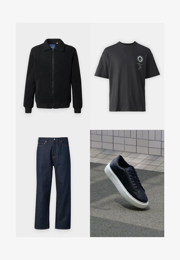 Čierna flísová bunda s uzáverom na zips, stojatým golierom, rebrovanými manžetami a bočnými vreckami s textúrovaným povrchom.; Čierne bavlnené tričko s krátkymi rukávmi, okrúhlym výstrihom a prednými grafikami slnka a mesiaca, doplnené textom "Le Soleil et La Lune."; Abercrombie & Fitch BAGGY RAW - Džínsy baggy - blue denim; Čierne kožené tenisky s okrúhlou špičkou a bielou gumovou podrážkou. Majú ploché šnúrky a minimálne šitie na vrchu. Textúrovaná podrážka pre lepšiu priľnavosť.