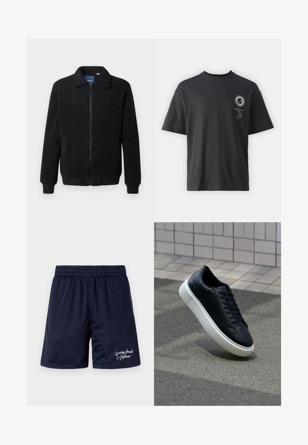 Črna flis jakna z zadrgo, stoječim ovratnikom, rebrastimi zapestji in stranskimi žepi s teksturirano površino.; Črna bombažna majica s kratkimi rokavi, okroglim izrezom in grafiko sonca in lune spredaj, v kombinaciji z besedilom "Le Soleil et La Lune."; Morske modre mrežaste športne kratke hlače z elastičnim pasom. Na spodnjem desnem delu so bele vezenine z napisom "Športna oprema in pripomočki".; Črne usnjene superge z zaobljenim prstom in belim gumijastim podplat. Imajo ravne vezalke in minimalno šivanje na zgornjem delu. Teksturirani podplat za oprijem.