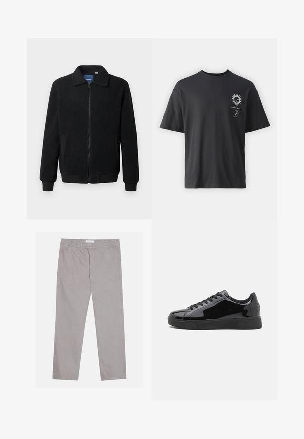 Czarna polarowa kurtka z zamkiem błyskawicznym, stójką, ściągaczami przy mankietach oraz bocznymi kieszeniami o teksturowanej powierzchni.; Czarny bawełniany t-shirt z krótkim rękawem, okrągłym dekoltem i grafiką słońca i księżyca z napisem "Le Soleil et La Lune."; Jasnoszare bawełniane spodnie z elastycznym paskiem w talii, dwoma bocznymi kieszeniami, prostym krojem nogawek i gładką fakturą. Proste detale przeszycia.; Czarne lakierowane sneakersy z okrągłym noskiem, płaską gumową podeszwą i czarnymi sznurowadłami. Gładka, błyszcząca tekstura na górnej powierzchni.
