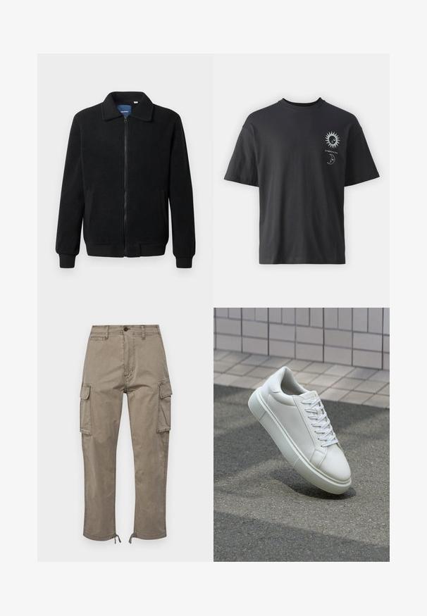 Zwarte fleece jas met een ritssluiting, staande kraag, ribgebreide manchetten en zijzakken met een textuur.; Zwarte katoenen t-shirt met korte mouwen, ronde hals en voorop afbeeldingen van een zon en maan, vergezeld van de tekst "Le Soleil et La Lune."; Cargo pants in een gedempt taupe kleur, gemaakt van katoen, zijn voorzien van zijzakken, een rechte snit en verstelbare zoom met trekkoorden.; Witte leren sneaker met een glad oppervlak, ronde neus en platte witte veters. Voorzien van een gestructureerde rubberen zool en minimale ontwerpelementen.