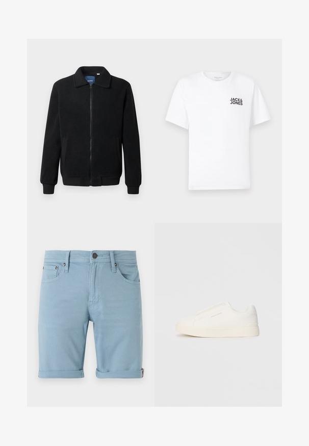 Giacca in pile nera con chiusura zip, colletto alto, polsini a coste e tasche laterali con superficie strutturata.; T-shirt bianca in cotone, maniche corte, collo rotondo. Presenta un logo in testo nero "JACK & JONES" nell'area sinistra del petto. Design semplice e minimale.; Shorts in denim azzurro chiaro con un classico design a cinque tasche, risvolti, dettagli di cuciture anteriori e posteriori e una chiusura con bottone scuro.; Sneakers bianchi slip-on con superficie texturizzata, suola spessa e design minimalista. Presentano il logo del marchio sul lato.