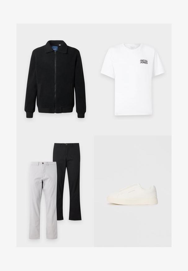 Veste en polaire noire avec fermeture éclair, col montant, poignets côtelés et poches latérales avec une surface texturée.; T-shirt en coton blanc, à manches courtes, col rond. Présente un logo en texte noir "JACK & JONES" sur la poitrine gauche. Design simple et sobre.; Deux pantalons à jambes droites : l'un en gris clair avec un bouton marron et l'autre en noir uni. Les deux présentent une texture en coton lisse.; Baskets blanches sans lacets avec une surface texturée, une semelle épaisse et un design minimaliste. Présente le logo de la marque sur le côté.