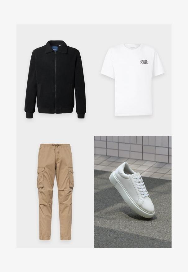 Veste en polaire noire avec fermeture éclair, col montant, poignets côtelés et poches latérales avec une surface texturée.; T-shirt en coton blanc, à manches courtes, col rond. Présente un logo en texte noir "JACK & JONES" sur la poitrine gauche. Design simple et sobre.; Pantalons cargo beiges en coton, dotés d'une taille élastique avec cordon de serrage, de poches latérales et de jambes fuselées avec ourlets à revers.; Baskets en cuir blanc avec une surface lisse, bout rond et lacets plats blancs. Présentent une semelle en caoutchouc texturée et des éléments de design minimalistes.