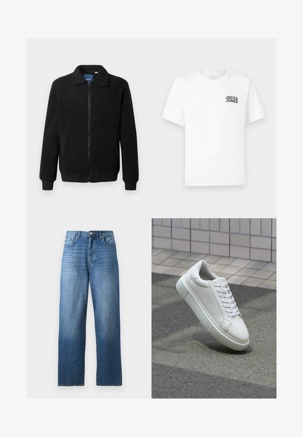 Casaco de polar preto com fecho de correr, gola alta, punhos canelados e bolsos laterais com uma superfície texturizada.; T-shirt de algodão branco, mangas curtas, com decote redondo. Apresenta o logotipo em texto preto "JACK & JONES" na área do peito esquerdo. Design simples e liso.; Jeans de denim azul de perna reta com cinco bolsos e fecho de botão e zipper, exibidos sobre um fundo branco.; Tênis de couro branco com superfície lisa, bico redondo e cadarços brancos planos. Apresenta uma sola de borracha texturizada e elementos de design minimalistas.