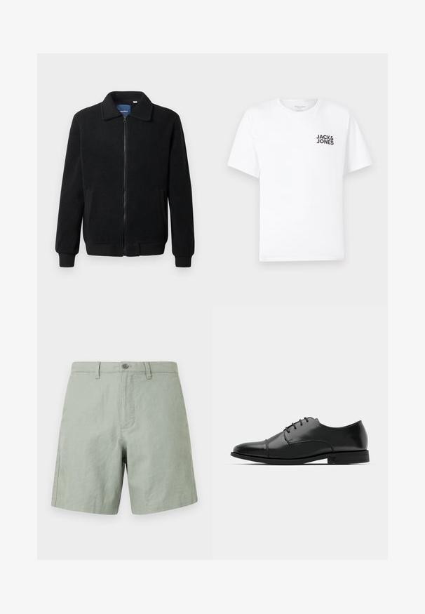 Svart fleece jakke med glidelås, høy krage, ribbestrikkede mansjetter og sidelommer med strukturert overflate.; Hvit bomull T-skjorte, korte ermer, rund hals. Har svart tekstlogo "JACK & JONES" på venstre brystområde. Enkel, ensfarget design.; Lys grønne linshorts med flad front, enkelt knaplukning og sidelommer. Flad kant med minimale syninger.; Svart skinn dressko med avrundet tå, snøring, subtile sømdetaljer og lav hæl. Glatt tekstur med polert finish.