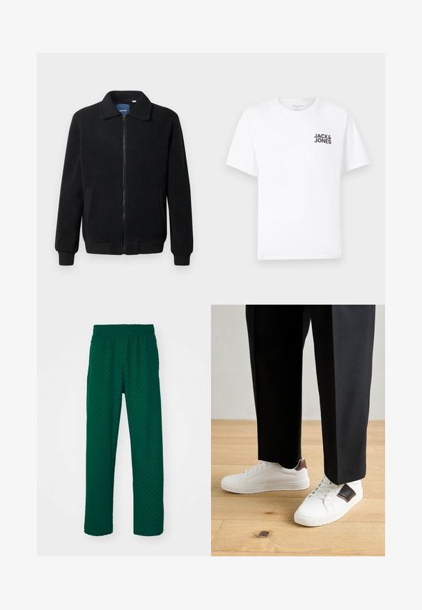 Melnā vilnas jaka ar rāvējslēdzēju, stāvošu apkakli, ribotām piedurknēm un sānu kabatām ar teksturētu virsmu.; Balts kokvilnas t-krekls, īsām piedurknēm, apaļo kakla izgriezumu. Uz kreisās krūts daļas ir melna teksta druka "JACK & JONES". Vienkāršs, bezpušķains dizains.; Zaļas teksturētas bikses ar elastīgu jostasvīru. Audumam ir smalks rakstu dizains un plašas, taisnas kājas.; Baltā pārsoļa apavi ar gludu tekstūru, papildināti ar brūniem ādas akcentiem un melniem elementiem, savienoti ar melnām pielāgotām biksēm. Koka grīdas fons.