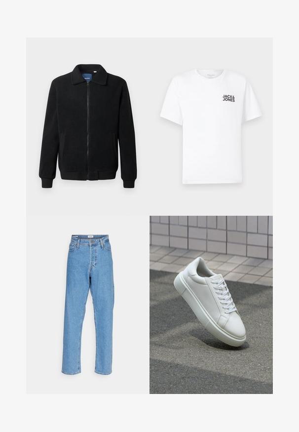 Crni flis jakna s zatvaranjem na zip, stojećim ovratnikom, rebrastim manžetama i bočnim džepovima s teksturiranom površinom.; Bijela pamučna majica, kratki rukavi, okrugli izrez. Sadrži crni tekstualni logo "JACK & JONES" na lijevoj strani prsnog dijela. Jednostavan, običan dizajn.; Svijetloplave traperice s visokim strukom i ravnim nogavicama, s prednjim gumbom, zatvaranjem na zatvarač, petljama za remen i dizajnom s pet džepova na bijeloj pozadini.; Bijela kožna tenisica s glatkom površinom, okruglim vrhom i ravnim bijelim vezicama. Ima teksturiran gumeni potplat i minimalne dizajnerske elemente.