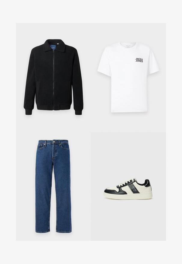 Crni flis jakna s zatvaranjem na zip, stojećim ovratnikom, rebrastim manžetama i bočnim džepovima s teksturiranom površinom.; Bijela pamučna majica, kratki rukavi, okrugli izrez. Sadrži crni tekstualni logo "JACK & JONES" na lijevoj strani prsnog dijela. Jednostavan, običan dizajn.; Plave traperice s ravnim nogavicama, koje imaju pet džepova, metalnu kopču na dugme i vidljivo šivanje na šavovima.; Kožne tenisice s crno-bijelom paletom boja, koje imaju perforirane akcentne detalje, podstavljeni ovratnik i teksturiranu potplat.