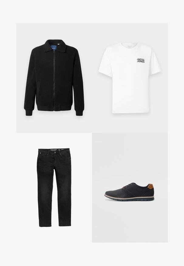 Giacca in pile nera con chiusura zip, colletto alto, polsini a coste e tasche laterali con superficie strutturata.; T-shirt bianca in cotone, maniche corte, collo rotondo. Presenta un logo in testo nero "JACK & JONES" nell'area sinistra del petto. Design semplice e minimale.; Jeans in denim nero con vestibilità dritta, dotati di chiusura a bottoni e cerniera, cinque tasche e un delicato effetto lavato.; Scarpe sintetiche nere con tomaia testurizzata, dettagli lisci, tacco marrone e suola a contrasto. Presentano una lacerazione minimale e dettagli di cucitura.