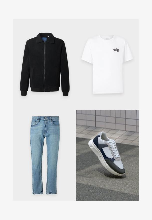 Černá fleecová bunda s zipovým uzávěrem, stojáčkem, vroubkovanými manžetami a bočními kapsami s texturovaným povrchem.; Bílý bavlněný tričko, krátké rukávy, kulatý výstřih. Obsahuje černý textový logo "JACK & JONES" na levé straně hrudníku. Jednoduchý, hladký design.; Hollister Co. Džíny Straight Fit - medium wash; Bílé, námořnické a šedé tenisky s kombinovaným materiálovým designem, který zahrnuje texturovaný svršek, ploché šňůrky a polstrovanou podešev.