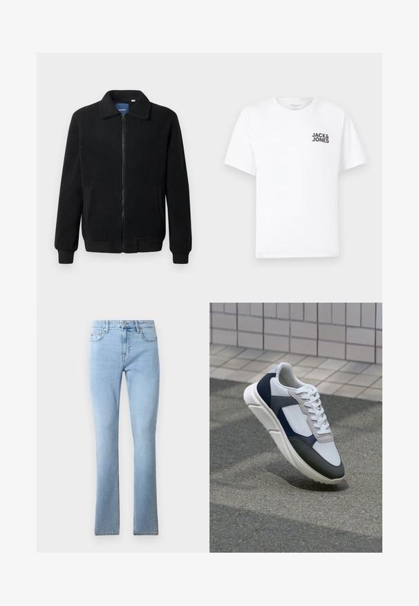 Juodas fliso džemperis su užtrauktuku, stovinčia apykakle, gumuotais rankogaliais ir šoninėmis kišenėmis, turinčiomis tekstūruotą paviršių.; Balta medvilnės marškinėliai su trumpomis rankovėmis ir apvalia kaklo iškirpte. Kairėje krūtinės pusėje yra juodas tekstas "JACK & JONES". Paprastas, vientisas dizainas.; Šviesiai mėlyni džinsai su išsiplėtusiais keliais, vidutinio aukščio liemeniu, penkiomis kišenėmis ir kontrastingais siūlais. Lygus paviršius su klasikinio kirpimo fasonu.; Baltos, tamsiai mėlynos ir pilkos sportbačiai su mišriomis medžiagomis, turintys tekstūruotą viršutinę dalį, plokščius raištelius ir paminkštintą pado dalį.