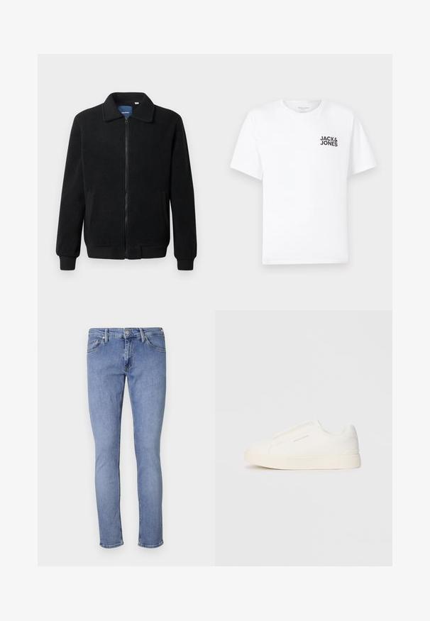 Crni flis jakna s zatvaranjem na zip, stojećim ovratnikom, rebrastim manžetama i bočnim džepovima s teksturiranom površinom.; Bijela pamučna majica, kratki rukavi, okrugli izrez. Sadrži crni tekstualni logo "JACK & JONES" na lijevoj strani prsnog dijela. Jednostavan, običan dizajn.; Svijetloplave traperice uskog kroja. Imaju pet džepova, prednje kopčanje na dugme i minimalne detalje šivanja. Glatka tekstura.; Bijele slip-on tenisice s teksturiranom površinom, debelim đonom i minimalističkim dizajnom. Sadrže logo branda sa strane.